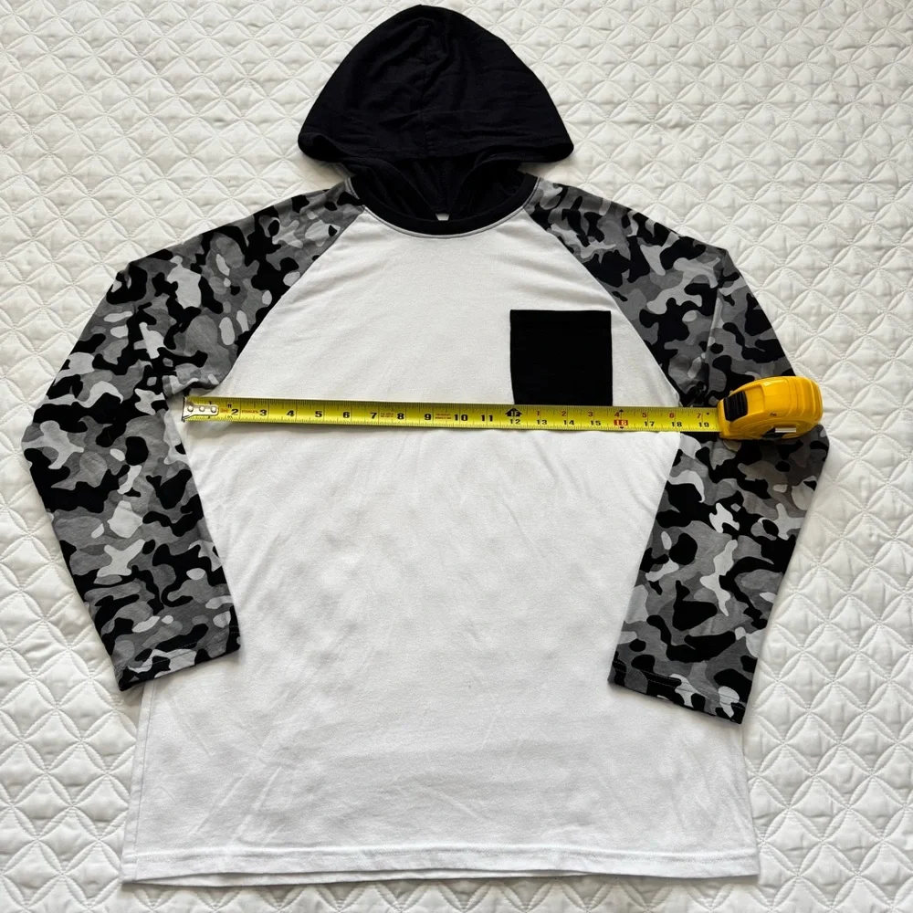 The Children's Place Colorblock Hooded Camo Long Sleeve Top White Black Sz XL